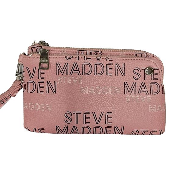 STEVE MADDEN Dual Zip Multi-colored Logo Pink Blush Wristlet 8x5 - Picture 4 of 6